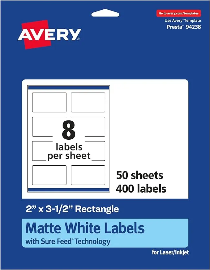 Avery Matte White Rectangle Labels, 2" x 3.5", 400 Labels