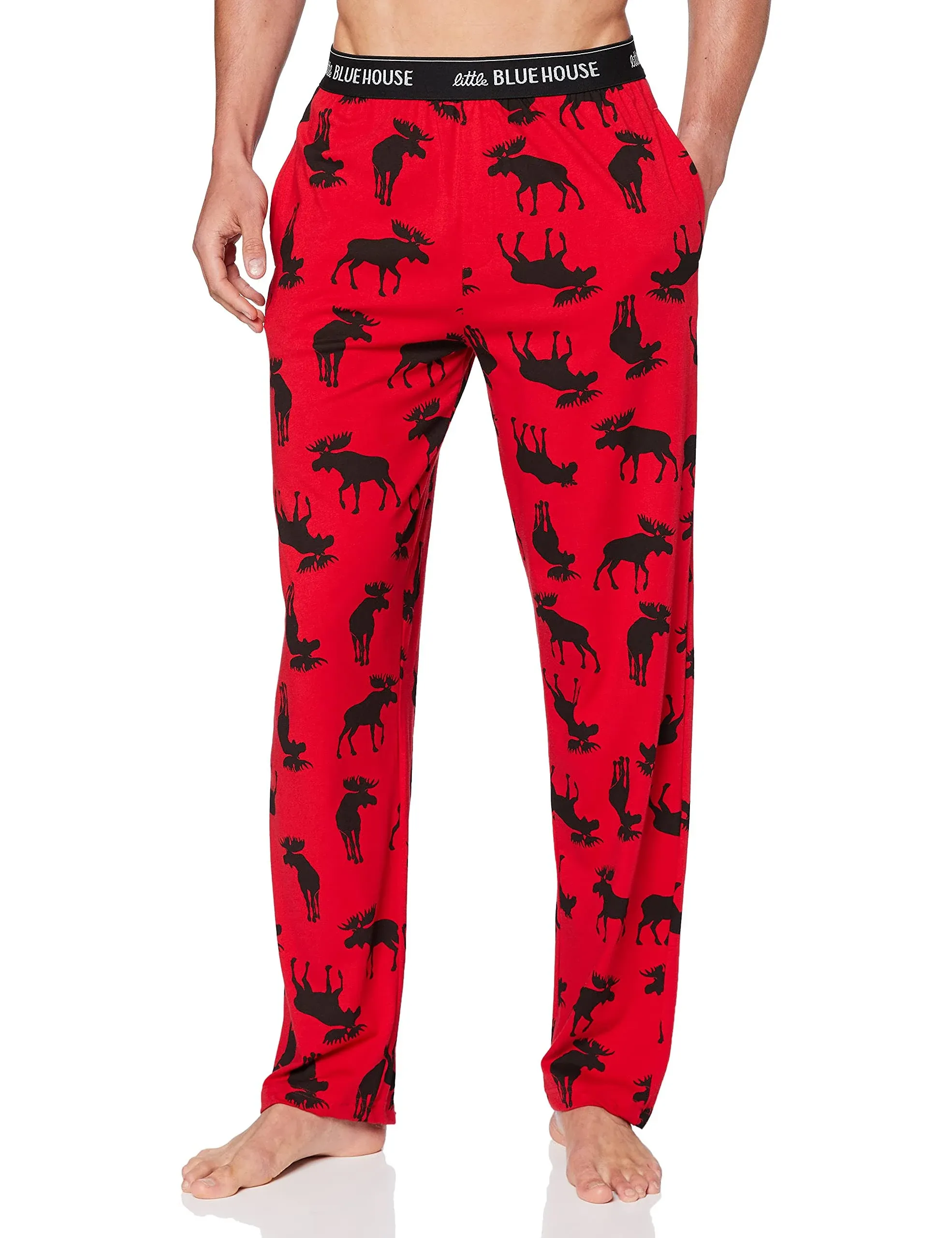 Little Blue House Moose on Red Men's Jersey Pajama Pants