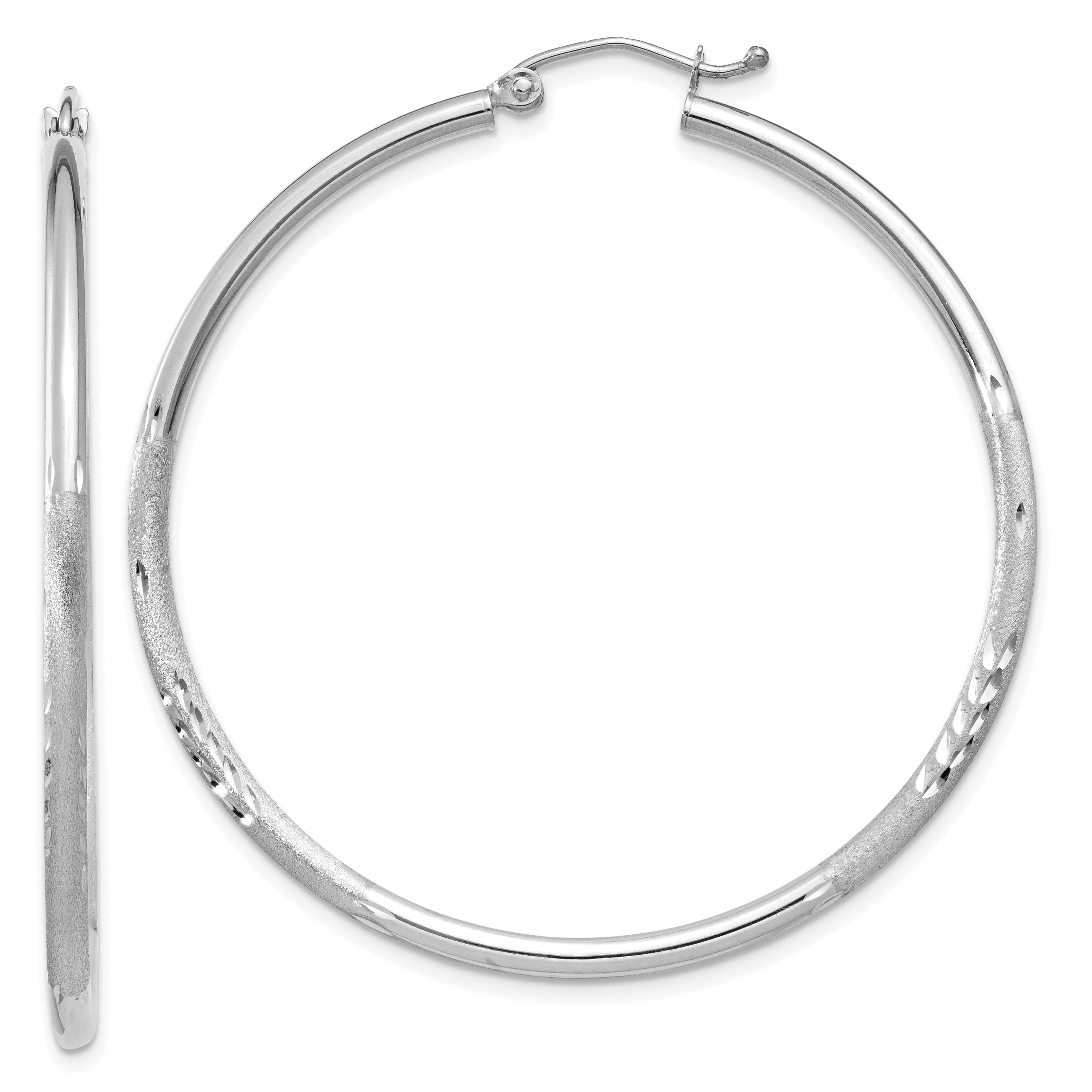 14K White Gold Satin & Diamond-Cut 2mm Round Hoop Earrings