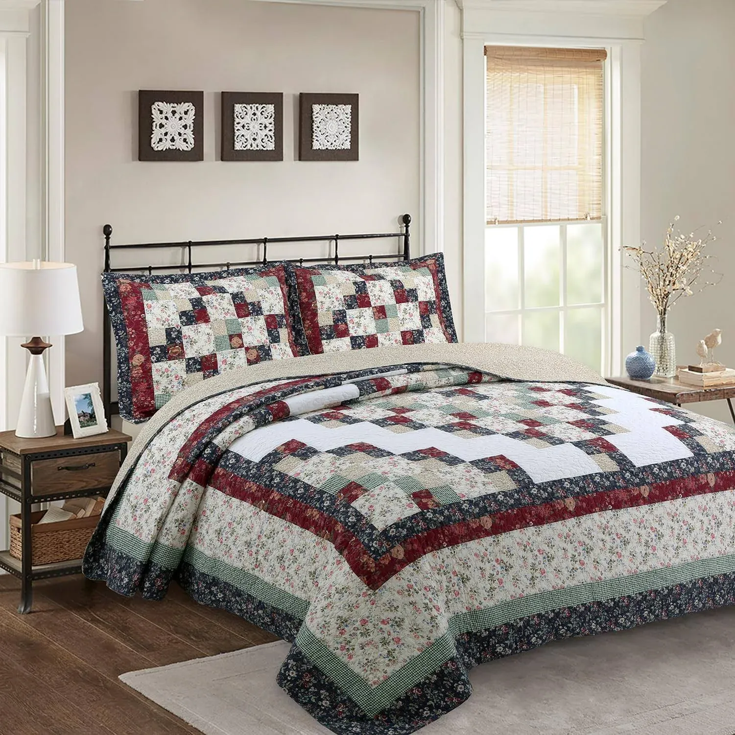 NIUDÉCOR HOME Genuine Patchwork Quilt Sets 100% Cotton Tiwn Size Twin Red Plaid