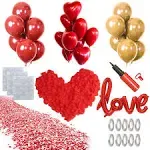 50PCS Love Balloons and Heart Balloons Kit&2000 PCS Silk Rose Petals 42Inch I Love You Balloon Gold Balloons Romantic Decoration Kit Double-Layer Easy to Use for Valentine Day Party Decorations