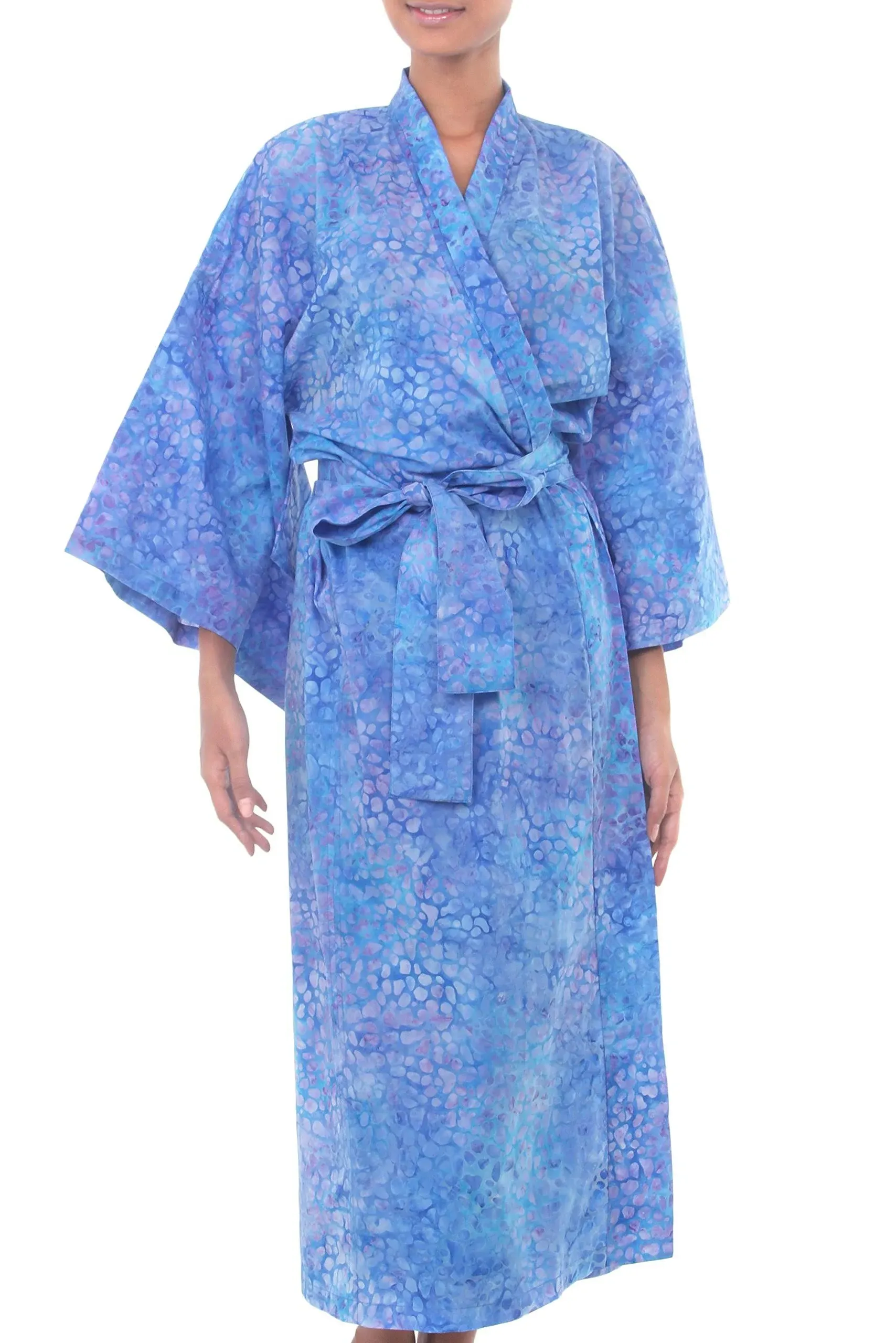 NOVICA Artisan Handmade Cotton Batik Robe Women's Clothing Blue Patterned Indonesia Floral ' Rushing River'