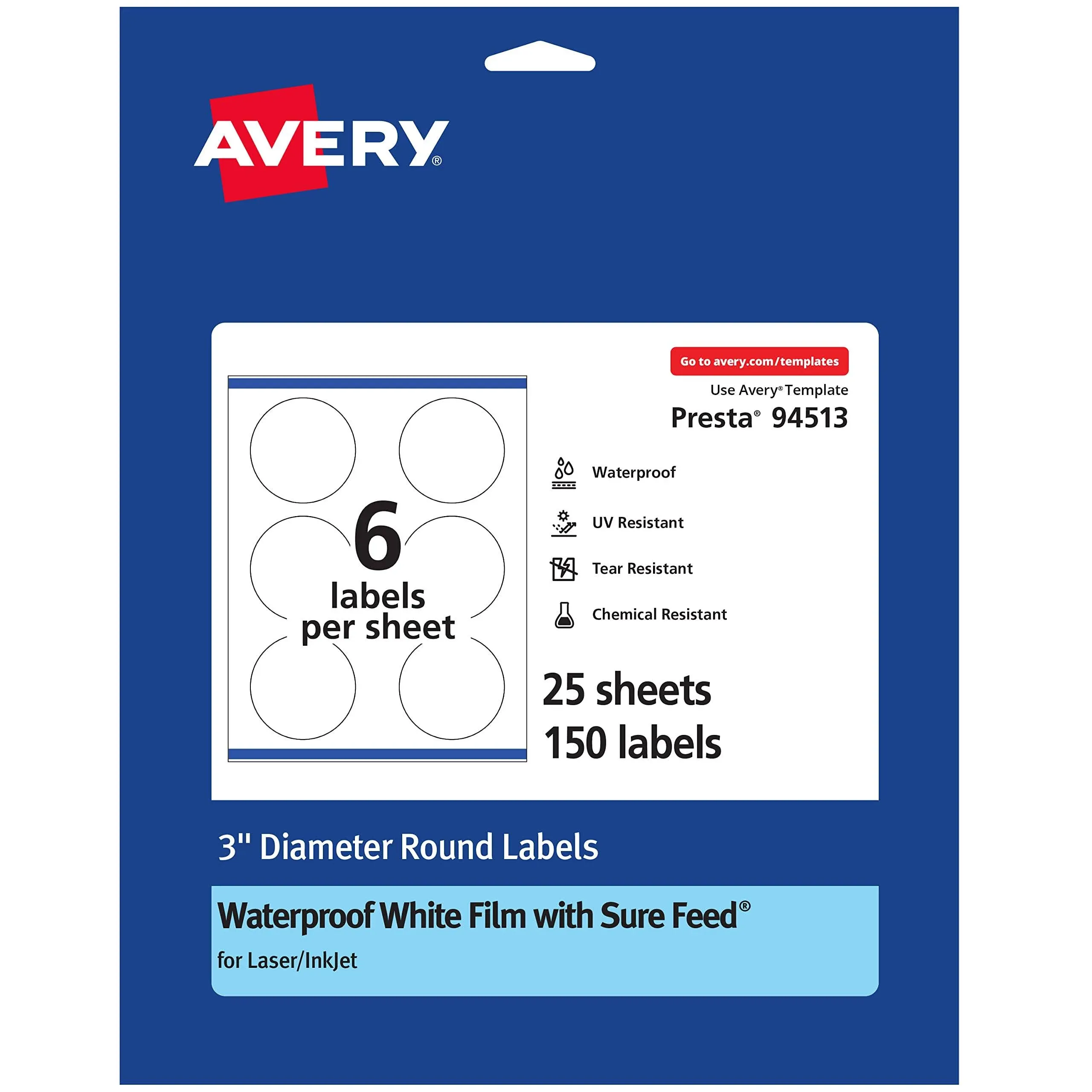 Avery Waterproof Round Sure Feed Print to The Edge Labels