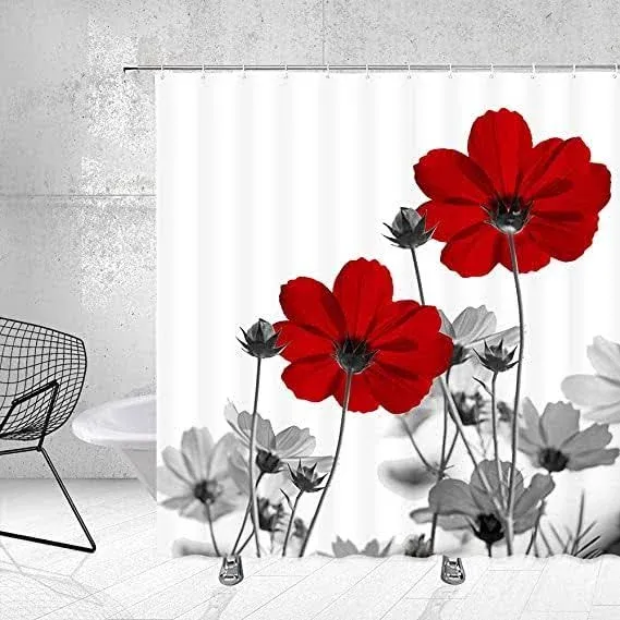 FEIERMAN Red Gray Floral Shower Curtain Simple Elegance Black White Retro Daisy Abstract Flower Polyester Fabric Bathroom Cur