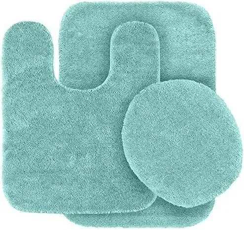 Solid Color 3 Piece Bathroom Rug Set Bath Rug, Contour Mat, & Lid Cover Non-Slip with Rubber Backing Solid Color New #6 (Aqua/Marine Blue)