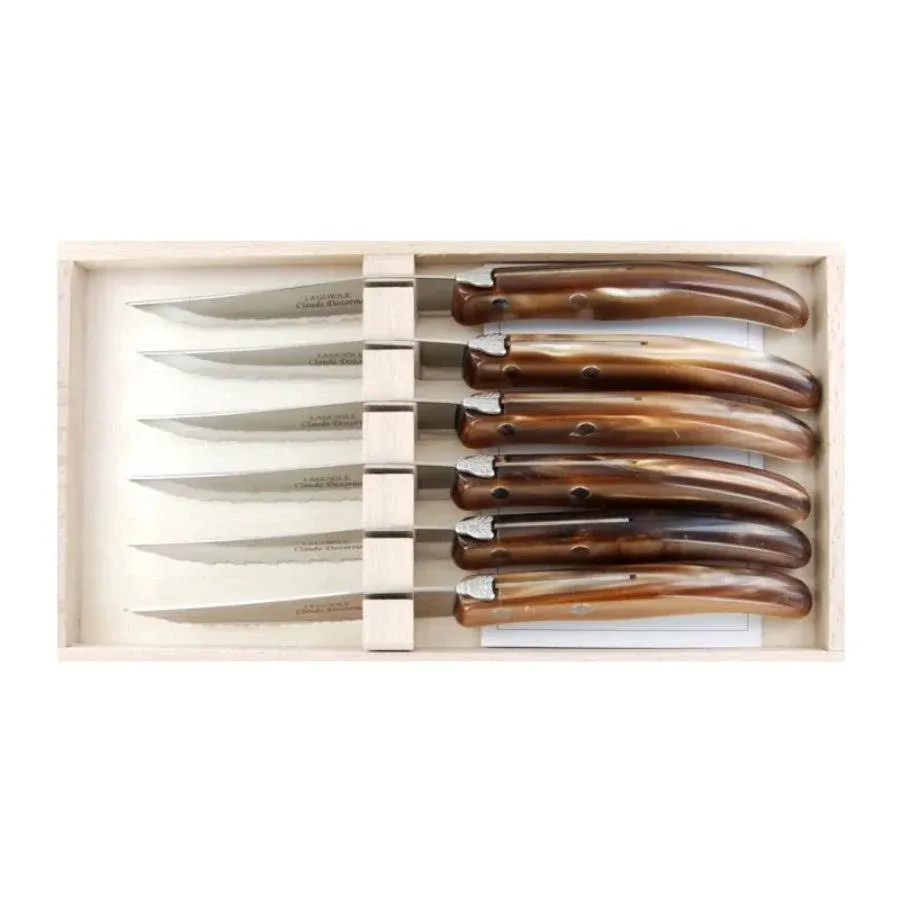 Claude Dozorme Laguiole Steak Knives Olive Wood Berlingot Set of 6 in a Wood Box