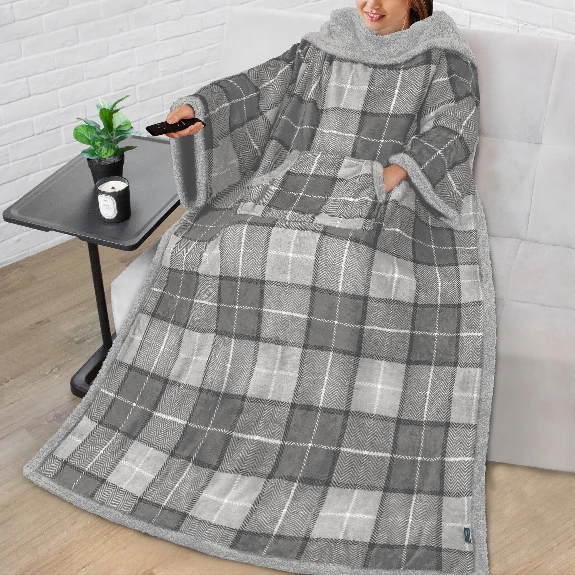 PAVILIA Premium Sherpa Fleece Blanket with Sleeves for Women Men Adult, Wearable Blanket Warm Cozy, Super Soft Thick Sleeved Throw with Arms Pocket, Gift for Women Mom Wife (Plaid Light Gray)