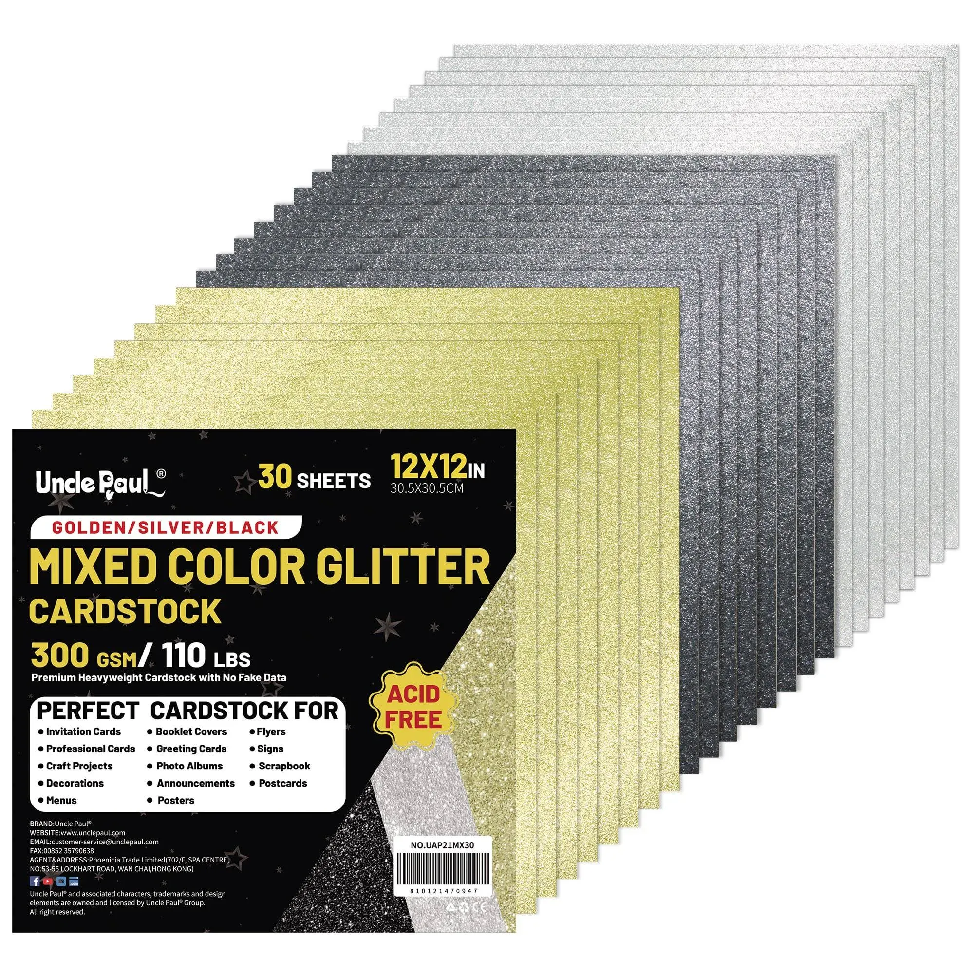 Mixed Color Glitter Cardstock Paper 30 Sheets 12&#034; x 12&#034; 300gsm/110Ib Square C...