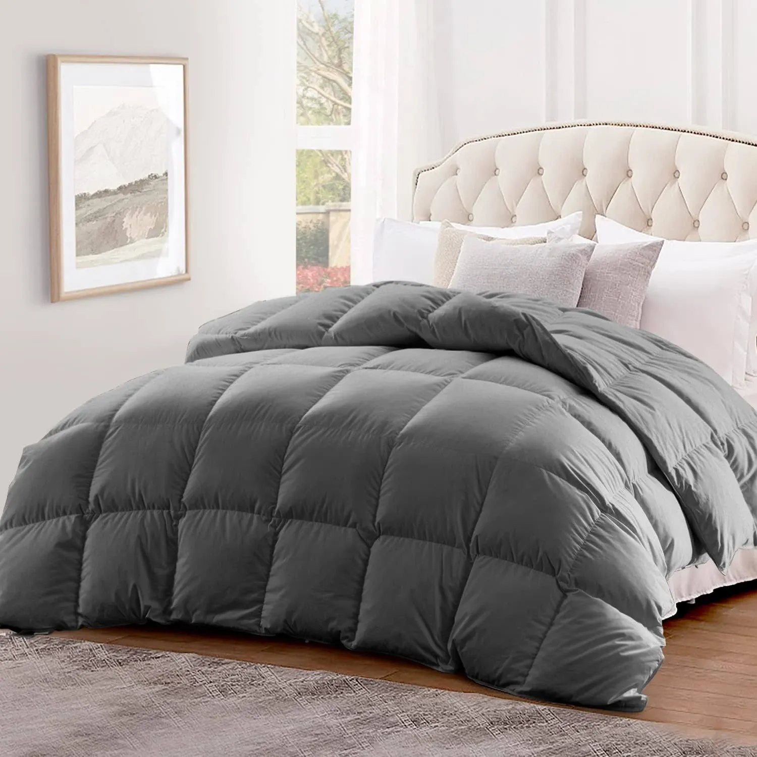 Globon Luxurious Feather Down Comforter Twin Size,Fluffy Hotel Collection Duvet Insert Heavyweight for Winter, 100% Soft Cotton Shell with Corner Tabs, Dark Grey(68x90inches)…