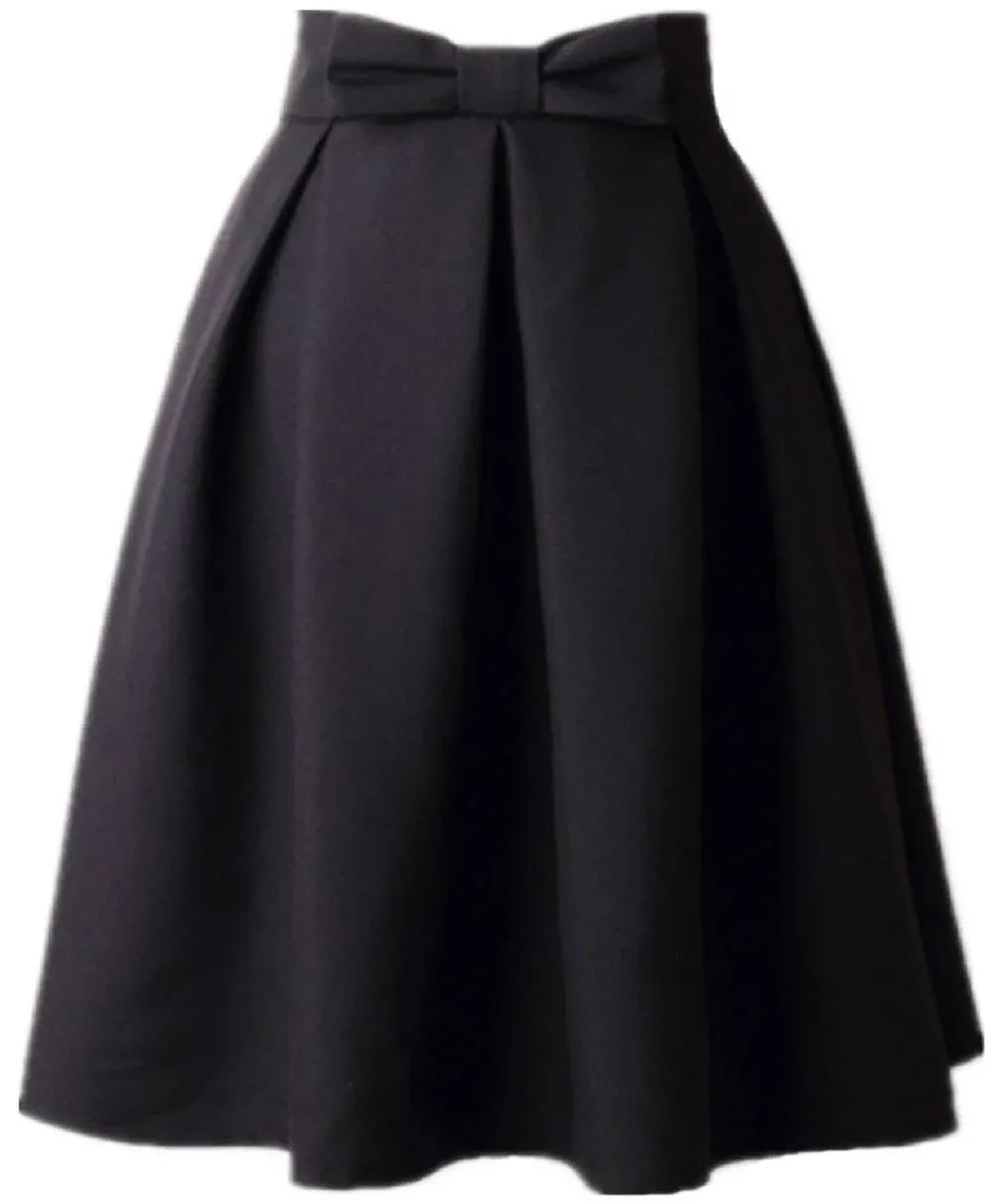 Women’s A Line Pleated Vintage Skirt High Waist Midi Skater with Bow Tie