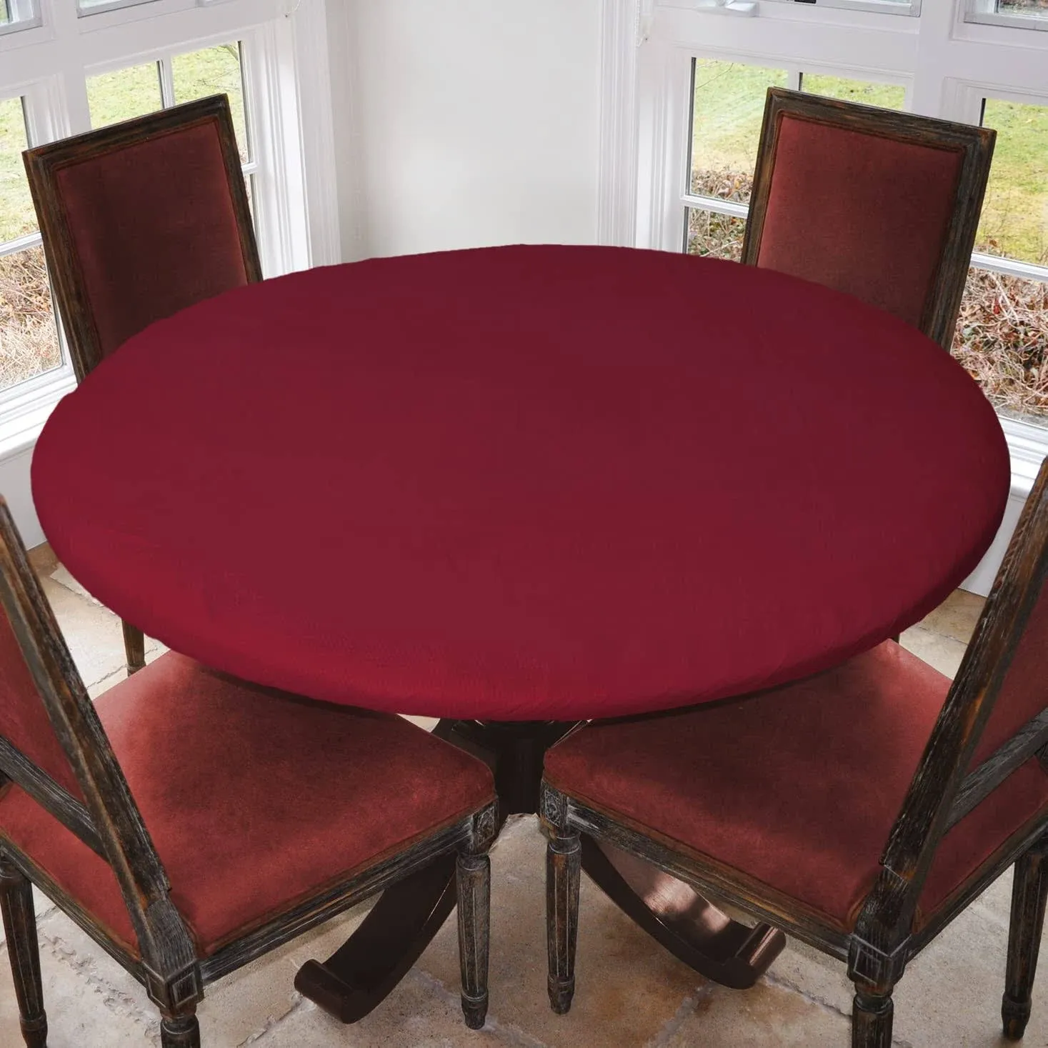 Covers For The Home Deluxe Elastic Edged Flannel Backed Vinyl Fitted Table Cover - Basketweave (Red) Pattern - Small Round Oblong Oval - Fits Tables up to 40" - 44" Diameter