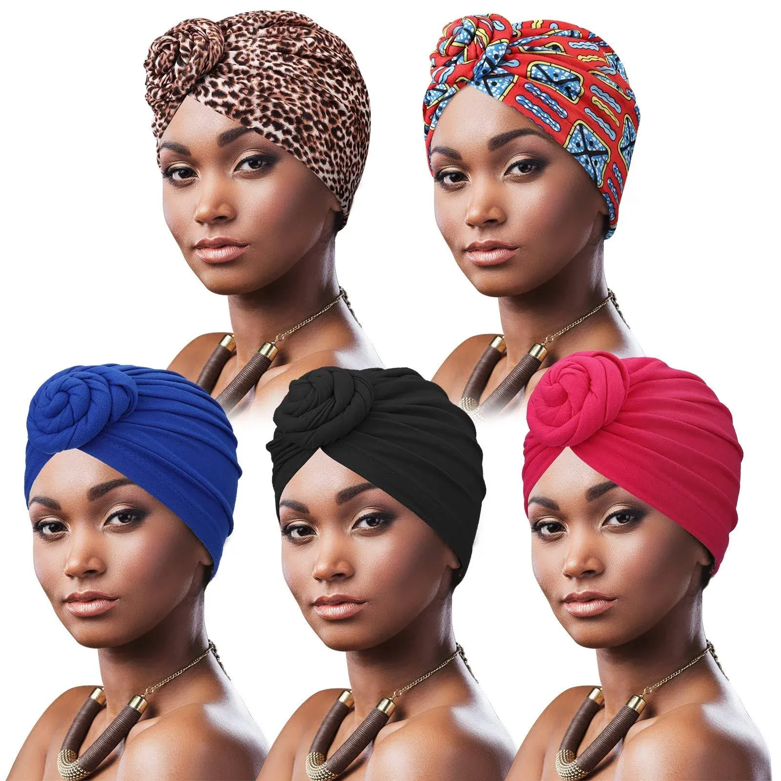 DRESHOW 5 Pack Knotted Headwraps for Women African Turban Pre-Knotted Beanie Headwraps