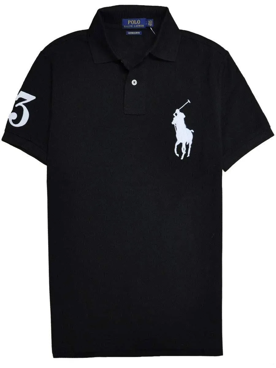 Ralph Lauren Mens Big Pony Custom Slim Fit Mesh Shirt (Medium, Black/White Pony)