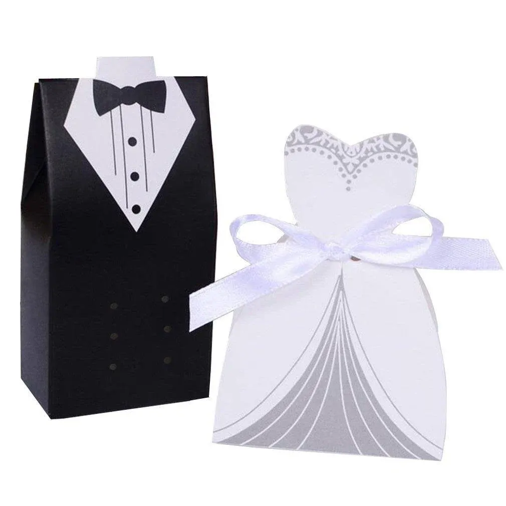 Rbenxia Wholesale Wedding Favors Wedding Party Favor Boxes Creative Tuxedo Dress Groom Bridal Candy Gift Box with Ribbon 100pcs