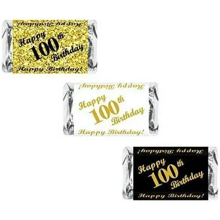 100th Birthday Miniatures Candy Bar Wrapper, (Set of 60) Mini Candy Bar Stickers; 3 Designs: 24 Gold, 24 Black, 12 White, Candy Not Included