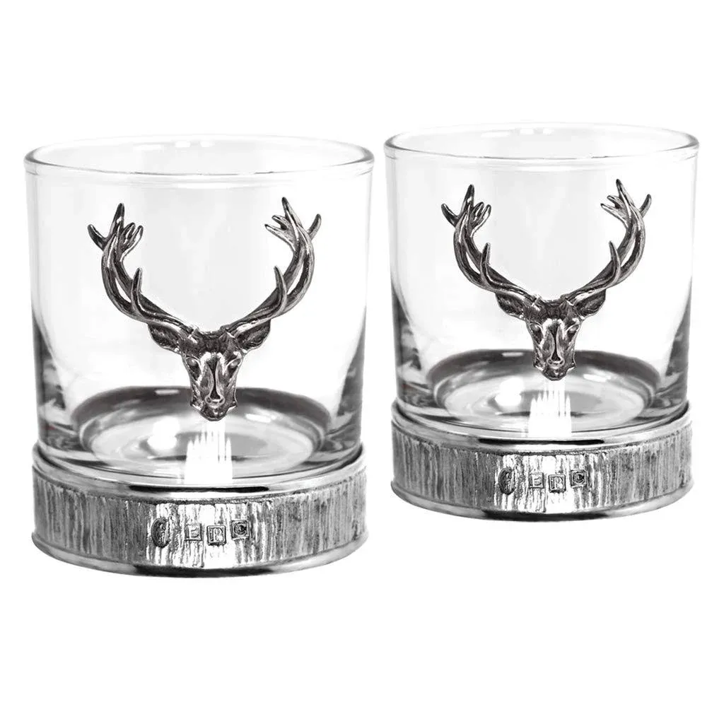 English Pewter Company Double Whiskey Glass Tumbler Set with Pewter Majestic Stag ...