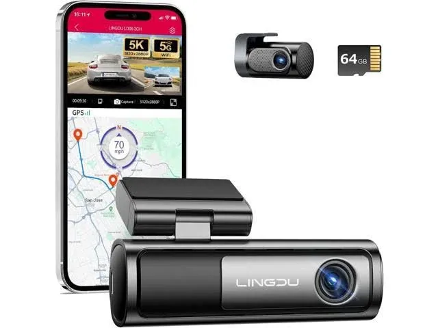 LD06 5G WiFi Dash Cam Front and Rear, 5K Dash Camera for Cars with 64GB SD Card, Night Vision Voice Control, G-Sensor Built-in GPS, 24H Parking Mode Loop Recording, Max Up Support 256GB