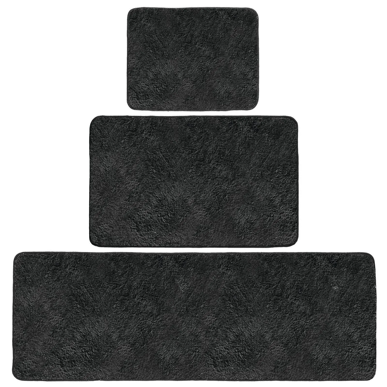 mDesign Non-Slip Microfiber Polyester Rectangular Spa Mat/Bath Rugs, Plush Heathered Water Absorbent Accent Rug for Bathroom Vanity, Bathtub/Shower, Machine Washable, Set of 3 - Black