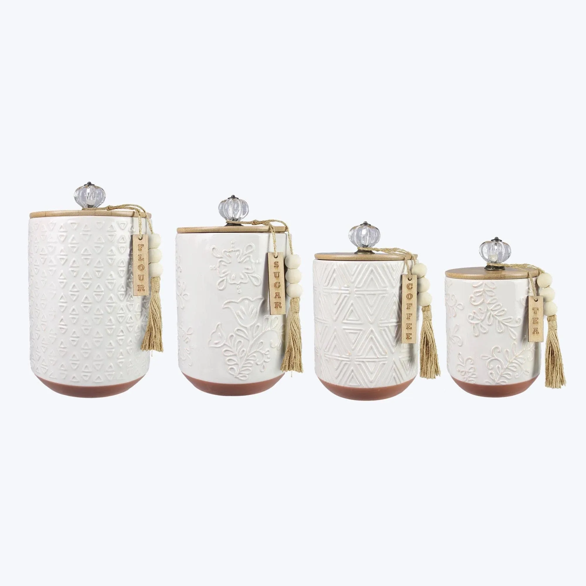 Ceramic Canister with Wood Lid Silicone Seal Crystal Knob & Blessing Bead Tassel Accent 4 pc set