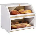 HOMEKOKO Double Layer Large Bread Box for Kitchen Counter, Wooden Large Capacity Bread Storage Bin (White)