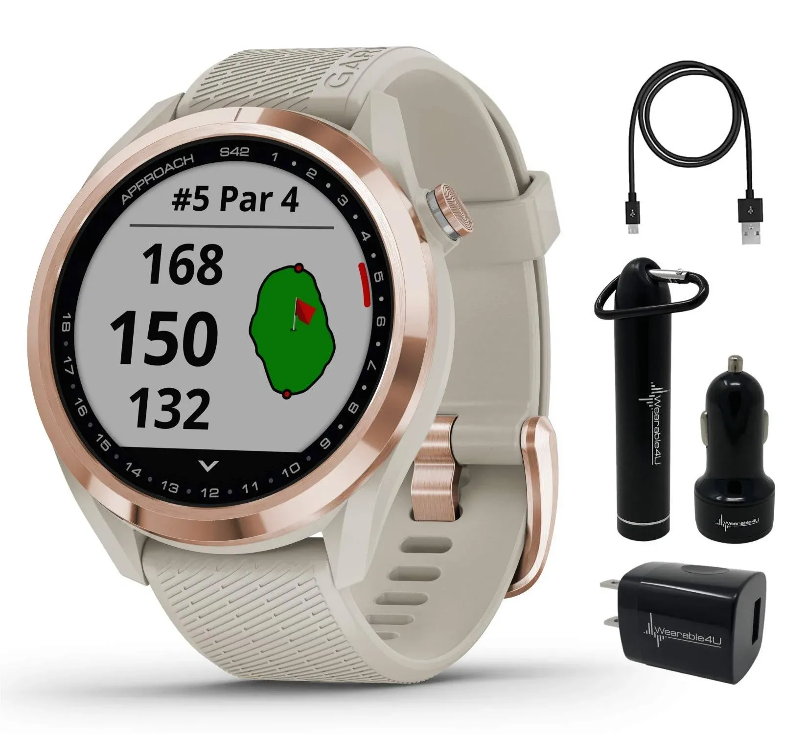 Garmin Approach S42 Premium GPS Golf Watch Rose Gold with Light Sand Silicone Band and Wearable4U Power Pack Bundle