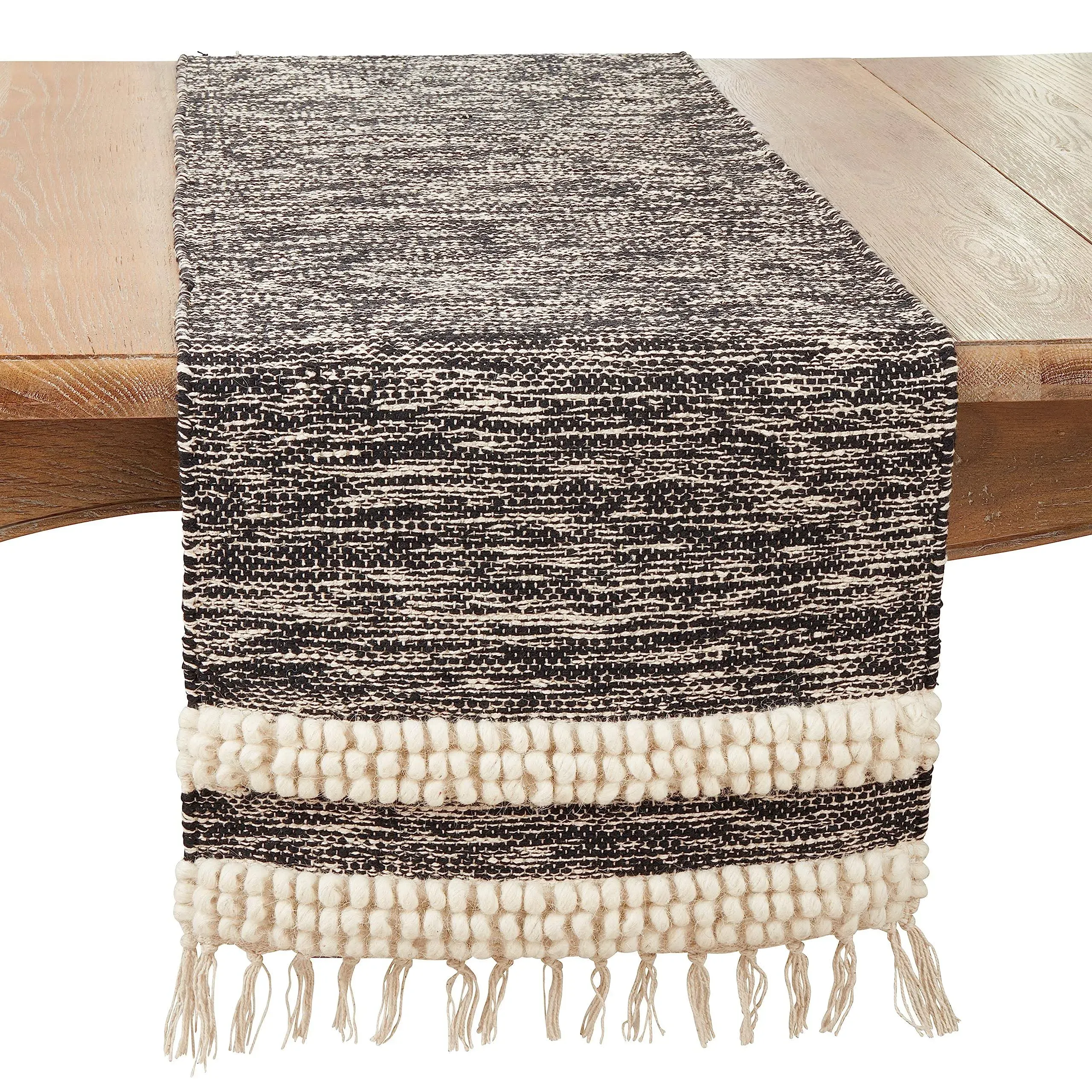 Saro Lifestyle 1268.BK1672B 16 x 72 in. Boho Fringe Pom Pom Stripe Oblong Table ...