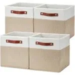 Temary Fabric Storage Cubes Bins, 11 inch Cube Storage Baskets, Foldable Cube Bins Set with Handles, Decorative Storage Boxes for Home Organizing (White & Khaki, 11 x 11 x 11)