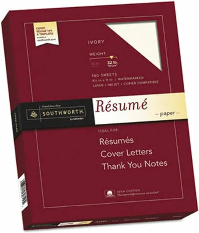 Southworth 100% Cotton Resume Paper, 32 lb, 8.5 x 11, Ivory, 100/Pack