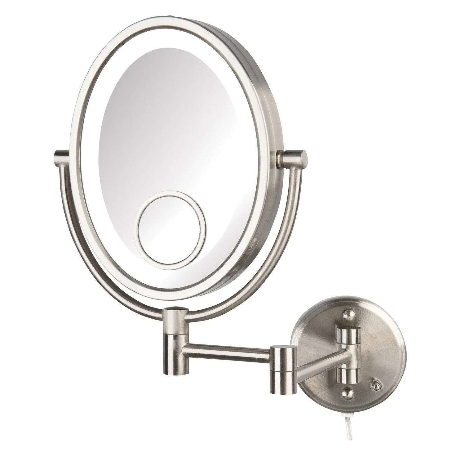 JERDON Two-Sided Wall-Mounted Makeup Mirror with Lights - Lighted Nickel 