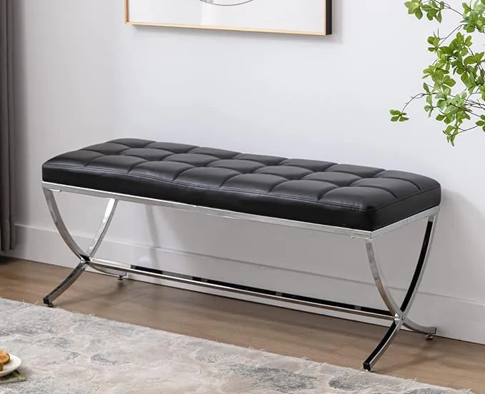 EALSON Modern Entryway Bench Leather Upholstered Dining Bench with Metal Base Button Tufted Ottoman Bench with Padded Seat Accent Foot Bench for Bedroom End of Bed/Living Room, Black